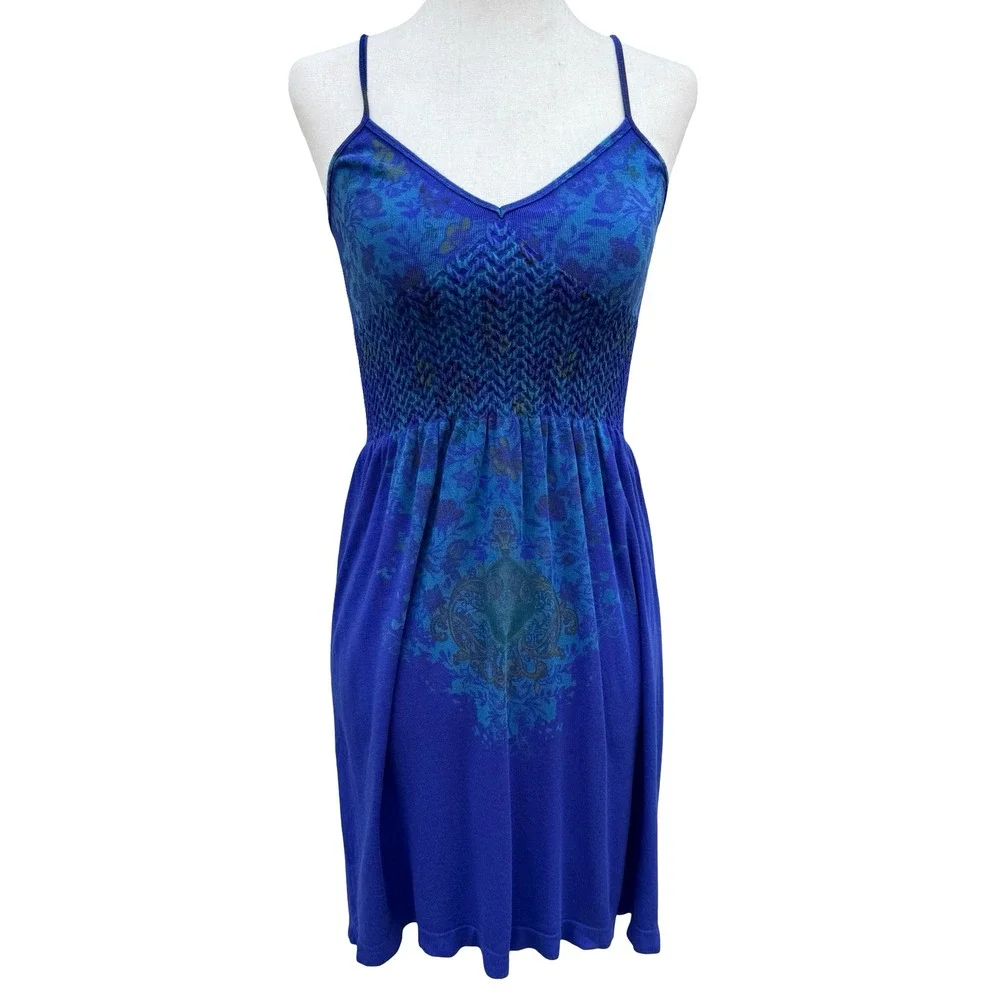 M Rena Blue Floral Damask Smocked Bodice Cami Mini Dress Indie Boho Festival S/M